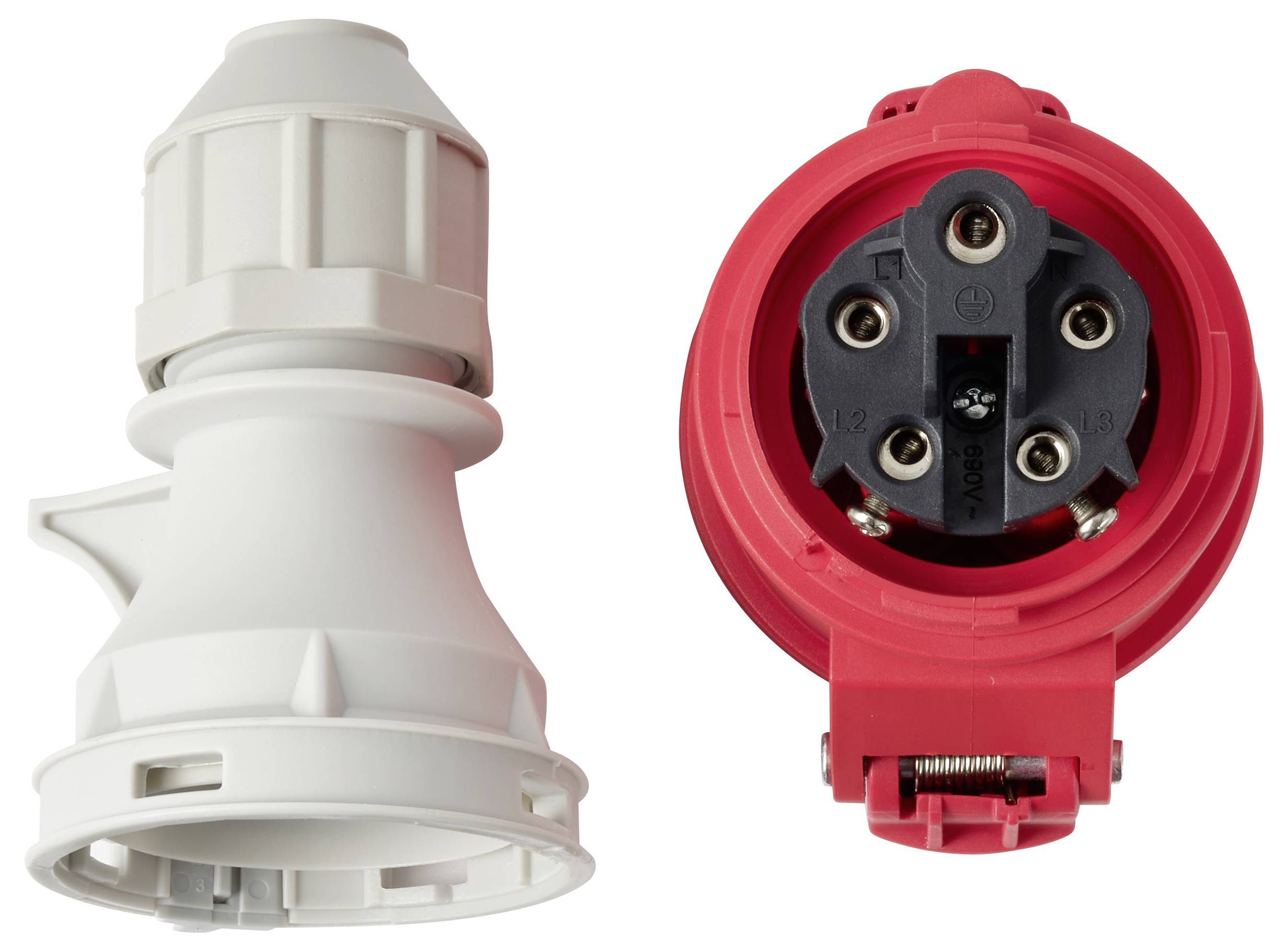 Egy ipari elektromos dugó csatlakozó két nézete: fehér oldalnézet és piros frontális nézet a foglalat érintkezőit mutatva.
