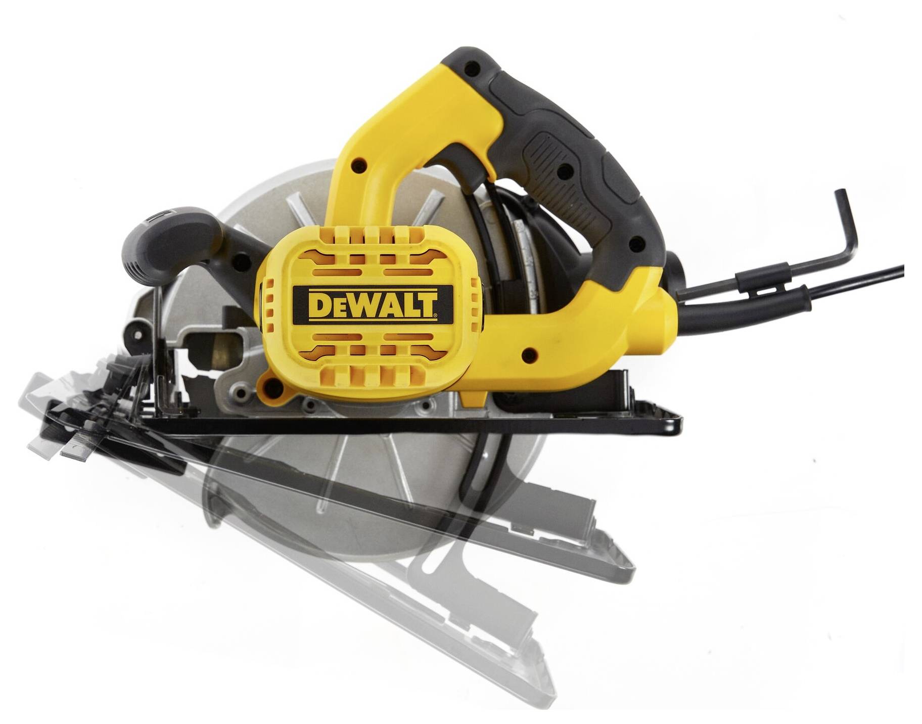 Egy sárga és fekete dizájnú körfűrész, amely "DeWALT" felirattal rendelkezik, és dönthető mechanizmust mutat szögelt vágások készítéséhez.
