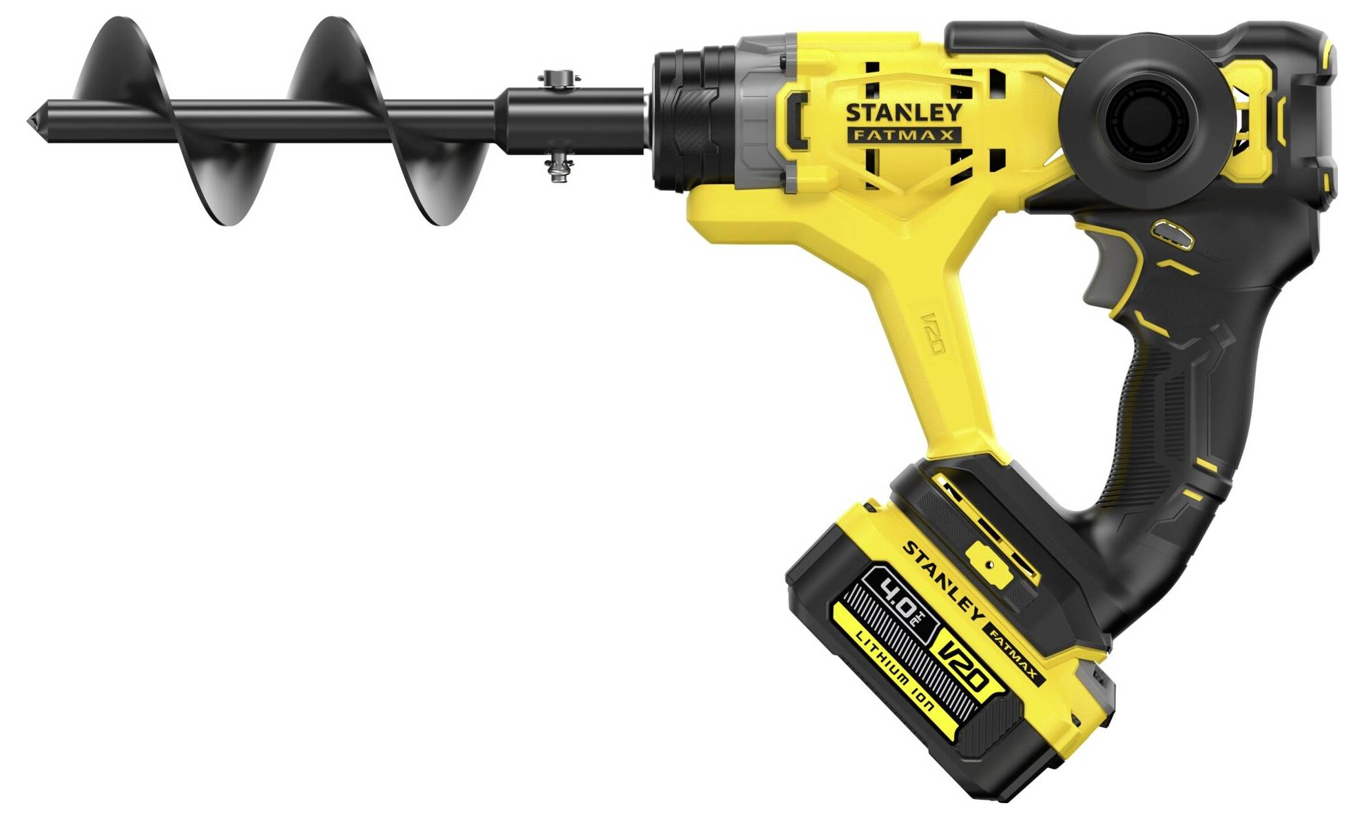 Sárga és fekete akkumulátoros fúrógép csatolt auger-bittel, amely "Stanley Fatmax V20" felirattal ellátott, kültéri fúrásra tervezett.
