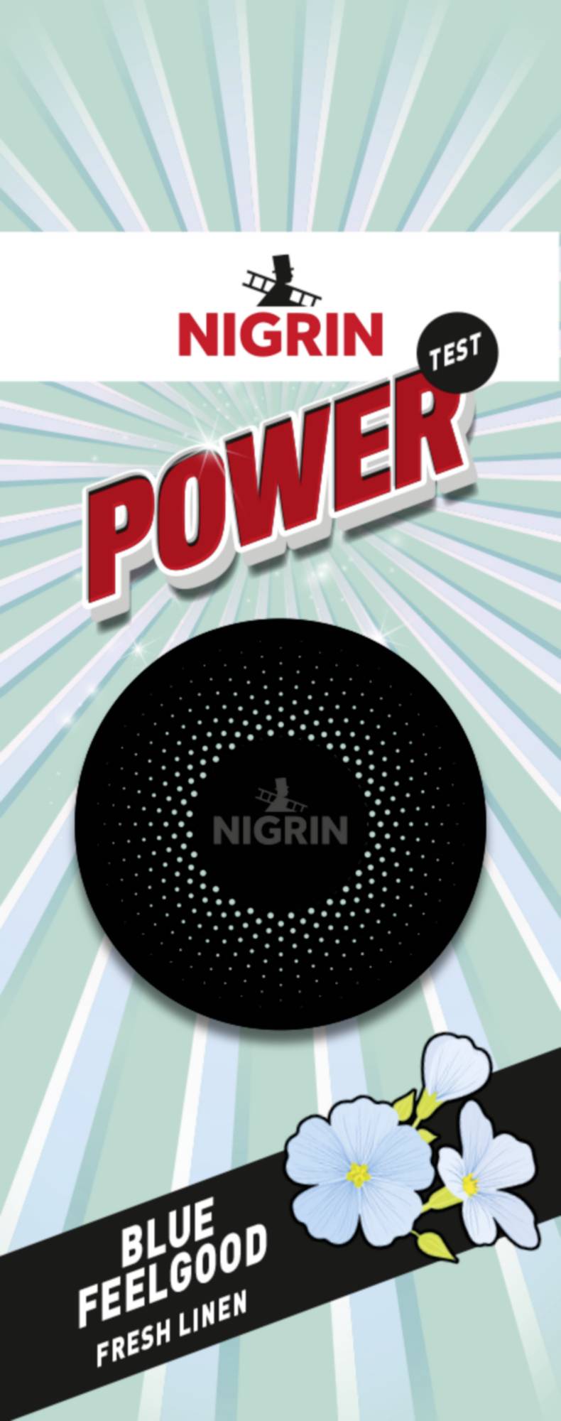 Nigrin Power autóillatosító csomag kék Feelgood friss mosott ruha illatban, félkövér piros "POWER" szöveggel és virág grafikával.