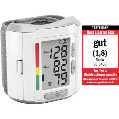 Csuklós vérnyomásmérő digitális kijelzővel; 128/82 mmHg-t mutat, pulzus 79, és a Haus & Garten Test teszt kitüntetés 'Testsieger', értékelés 'jó (1,8)'.