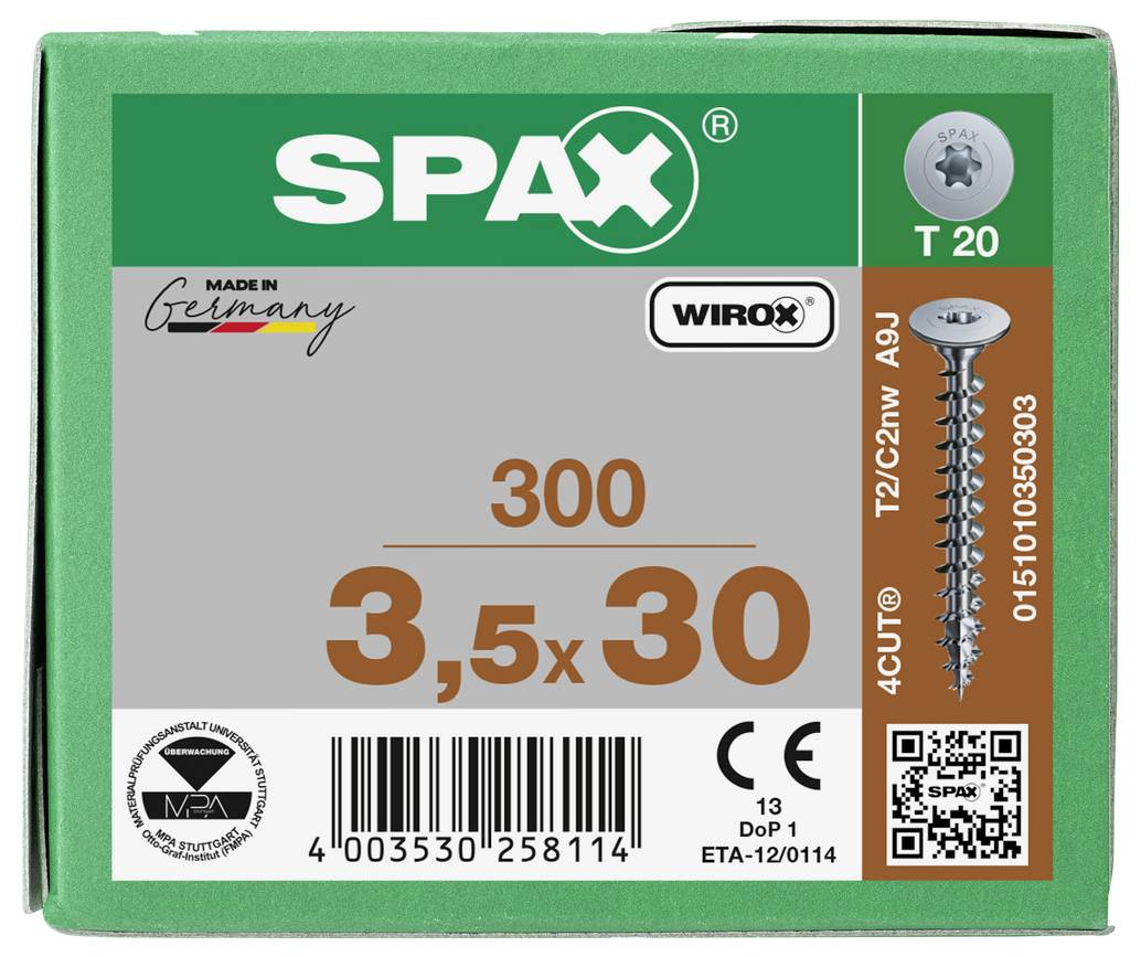 SPAX Wirox csavaros doboz '3,5x30' felirattal, 300 darabos, ábrázolt T20 fa csavarral és vonalkóddal/QR kóddal.