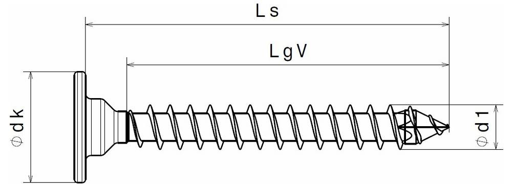 Csavar diagramja jelölt méretekkel: Ls teljes hossz, LgV menetes hossz, dk fej átmérője, és d1 csúcs átmérője.