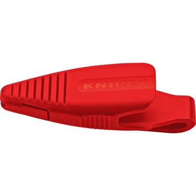 Piros szigetelt Knipex kábelszerszám vagy csatlakozódugó védő bordázott fogással és nyitott végével, fehér háttéren mutatva.