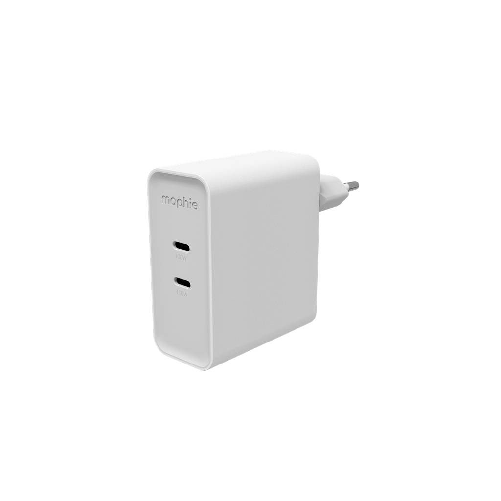 Fehér Mophie fali töltő két USB-C porttal és összehajtott tüskékkel fehér háttéren.
