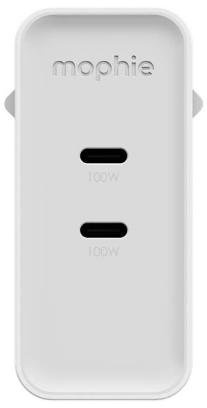 Fehér Mophie kétportú töltő, mindegyik USB-C port alatt "100W" felirattal