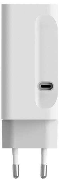 Fehér falra szerelhető töltő egyetlen USB-C porttal és két európai stílusú kerek csatlakozóval.