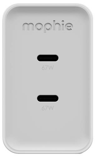 Fehér Mophie kétportos 67W-os falhoz szerelhető töltő két USB-C porttal, egyszerű háttéren.