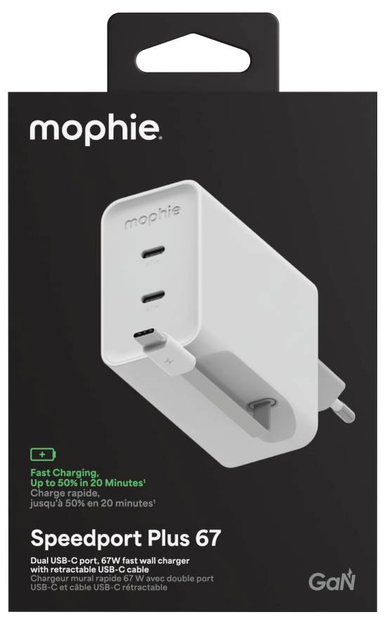 Mophie Speedport Plus 67 fali töltő csomag, fehér, kettős USB-C, 67W gyors töltővel, visszahúzható USB-C kábellel és összecsukható dugóval.