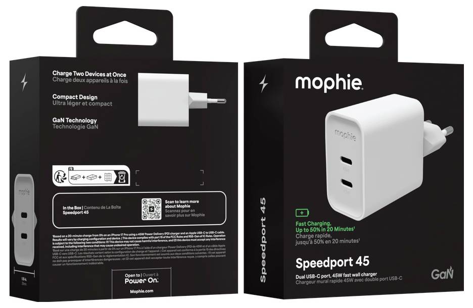 Mophie Speedport 45 kettős USB-C GaN falitöltő csomagolása, elölről és hátulról mutatva, a gyors töltést és a kompakt kivitelt kiemelve.