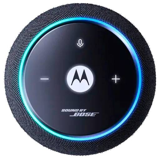 Kerek Motorola okos hangszóró Bose hanggal, mikrofonnal, hangerő plusz/mínusz gombokkal és világító kék-zöld LED gyűrűvel.