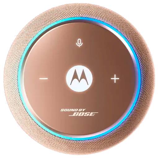 Motorola hangszóró felülnézetből, szövet bevonattal, mikrofon ikon, plusz/minusz gombok, és "Sound by Bose" márkajelzéssel.