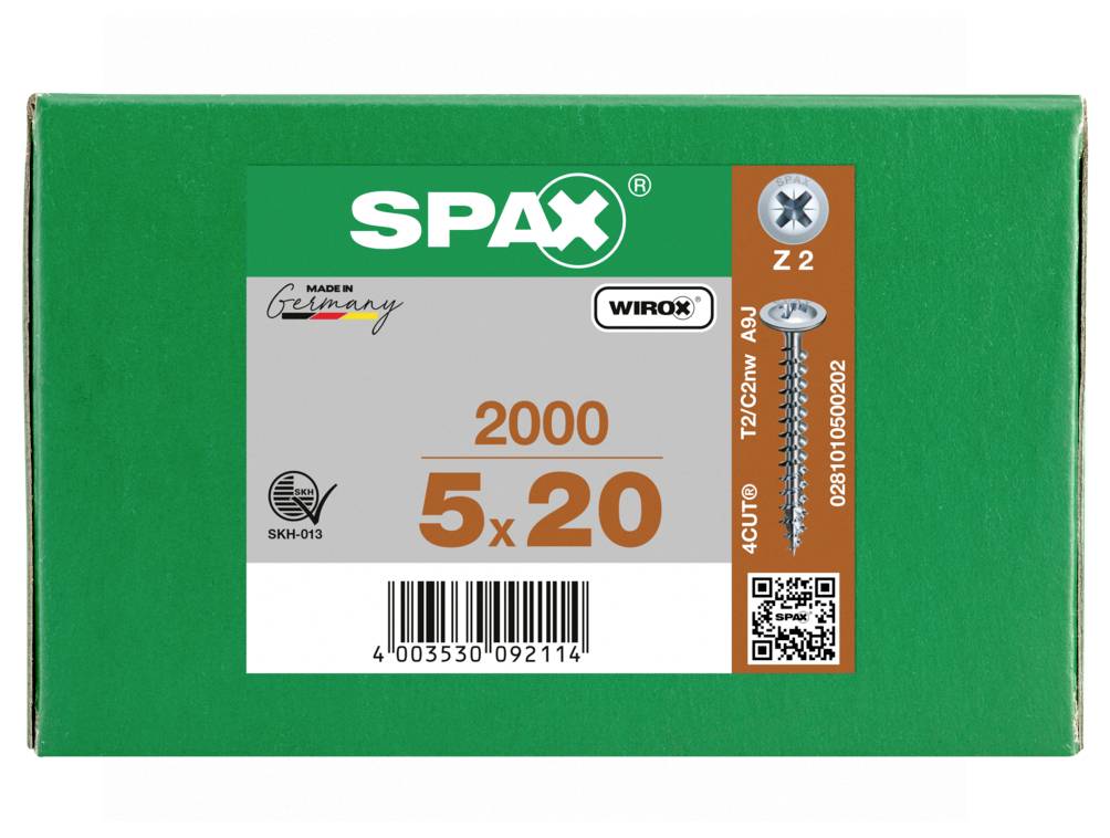 Zöld SPAX csavardoboz, amelyen a „2000" és az „5 x 20" felirat, vonalkód és csavar illusztráció látható.