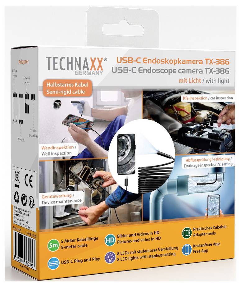 A TECHNAXX USB-C endoszkóp kamera TX-386 csomagolása, fénnyel, mely az alábbi ellenőrzési felhasználási lehetőségeket mutatja: fal, autó, lezárás és eszköz karbantartás.