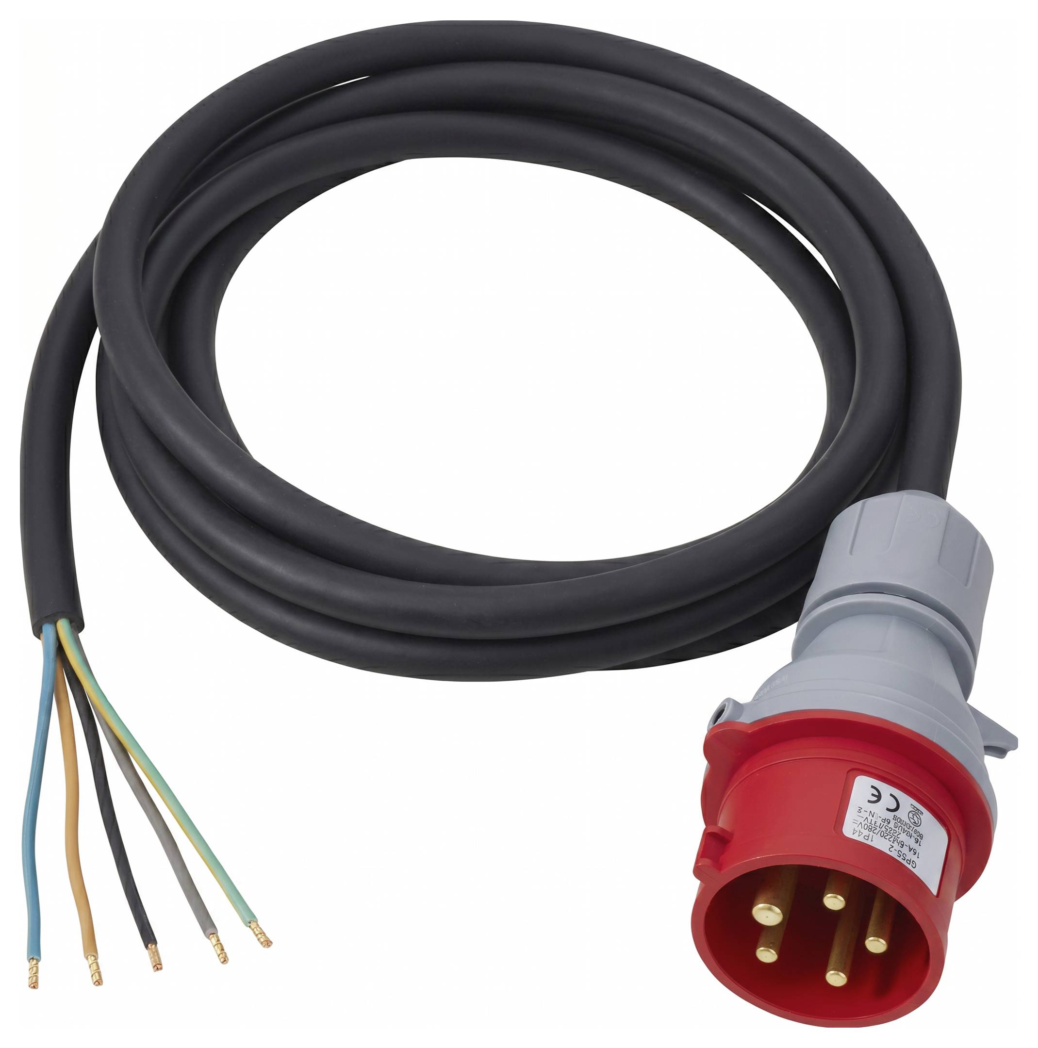 Fekete elektromos kábel kitett vezetékekkel és piros ipari tápcsatlakozóval fehér háttéren.