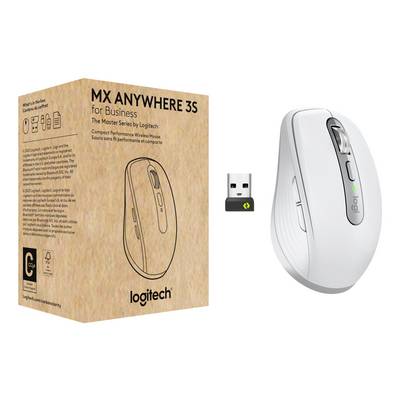 Logitech MX Anywhere 3S vezeték nélküli egér, amely a dobozával és USB vevőegységével látható, kiemelve a terméket és a mellékelt adaptert.