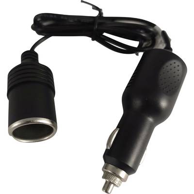 Fekete autós cigarettagyújtó áramforrás adapter kábel férfi dugóval és női aljzat csatlakozóval fehér háttéren