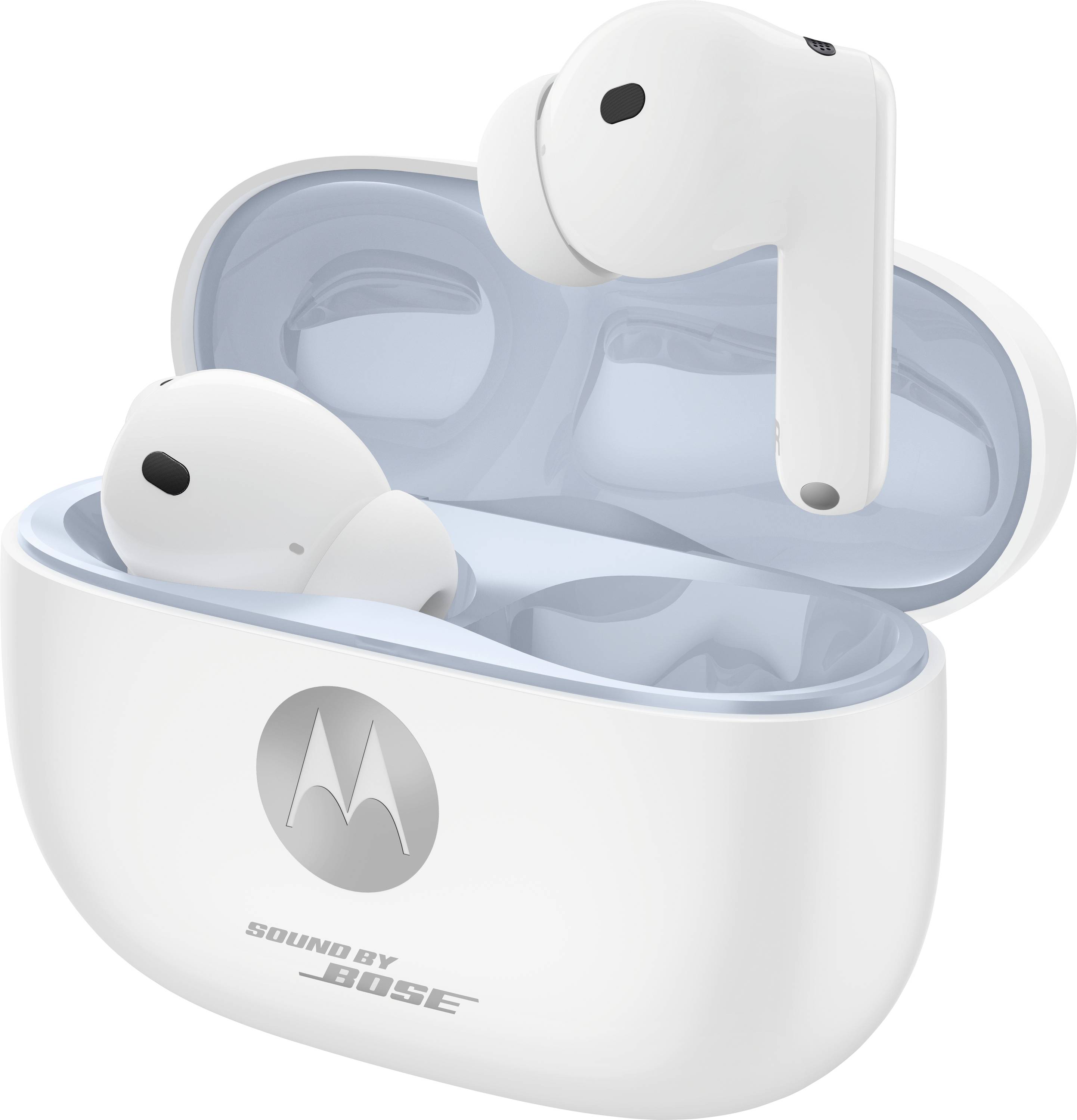 Fehér vezeték nélküli fülhallgatók nyitott töltőtokkal, Motorola logóval és „Sound by Bose" márkajelzéssel az elején.