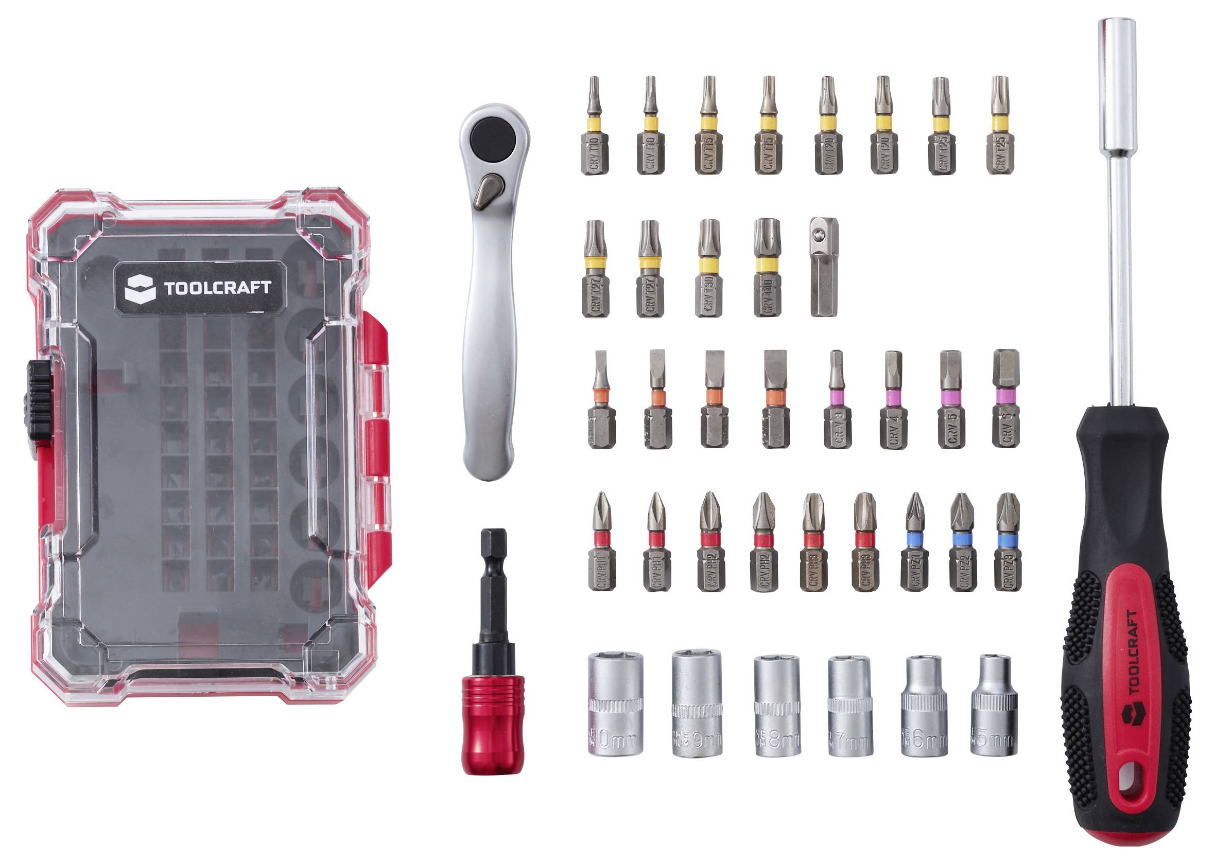 Toolcraft racsnis csavarhúzó készlet tárolódobozzal, racsnis nyéllel, hosszabbítóval, bitmenetes meghajtóval és vegyes csavarhúzó bitekkel, valamint foglalat adapterekkel fehér háttéren elrendezve.