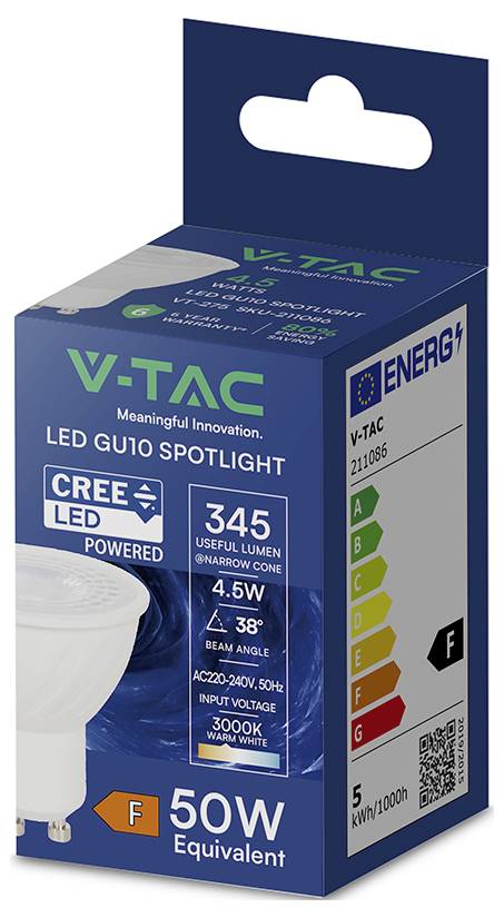 V-TAC 211086 LED EEK F (A - G) GU10 4.5 W = 50 W Melegfehér 1 db-5
