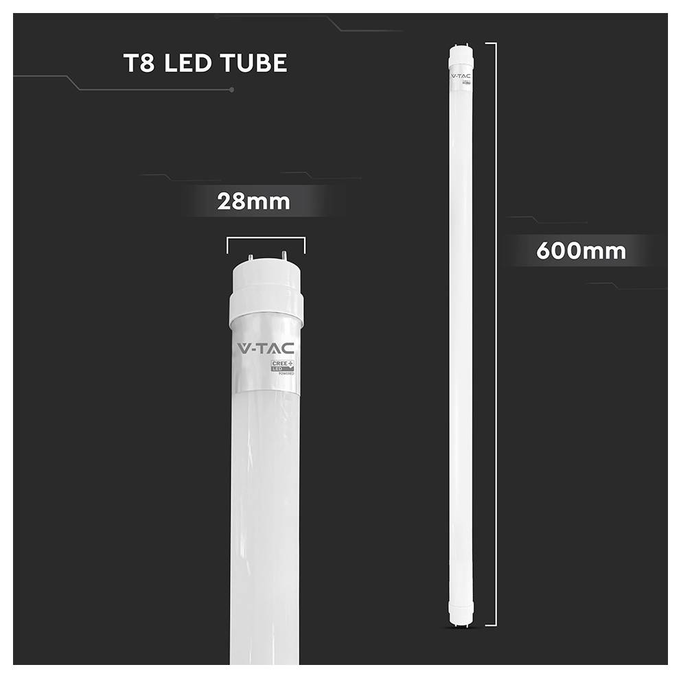 T8 LED cső termékkép, amely annak méreteit mutatja: 28 mm átmérő és 600 mm hosszúság, a cső függőlegesen látható sötét háttéren.