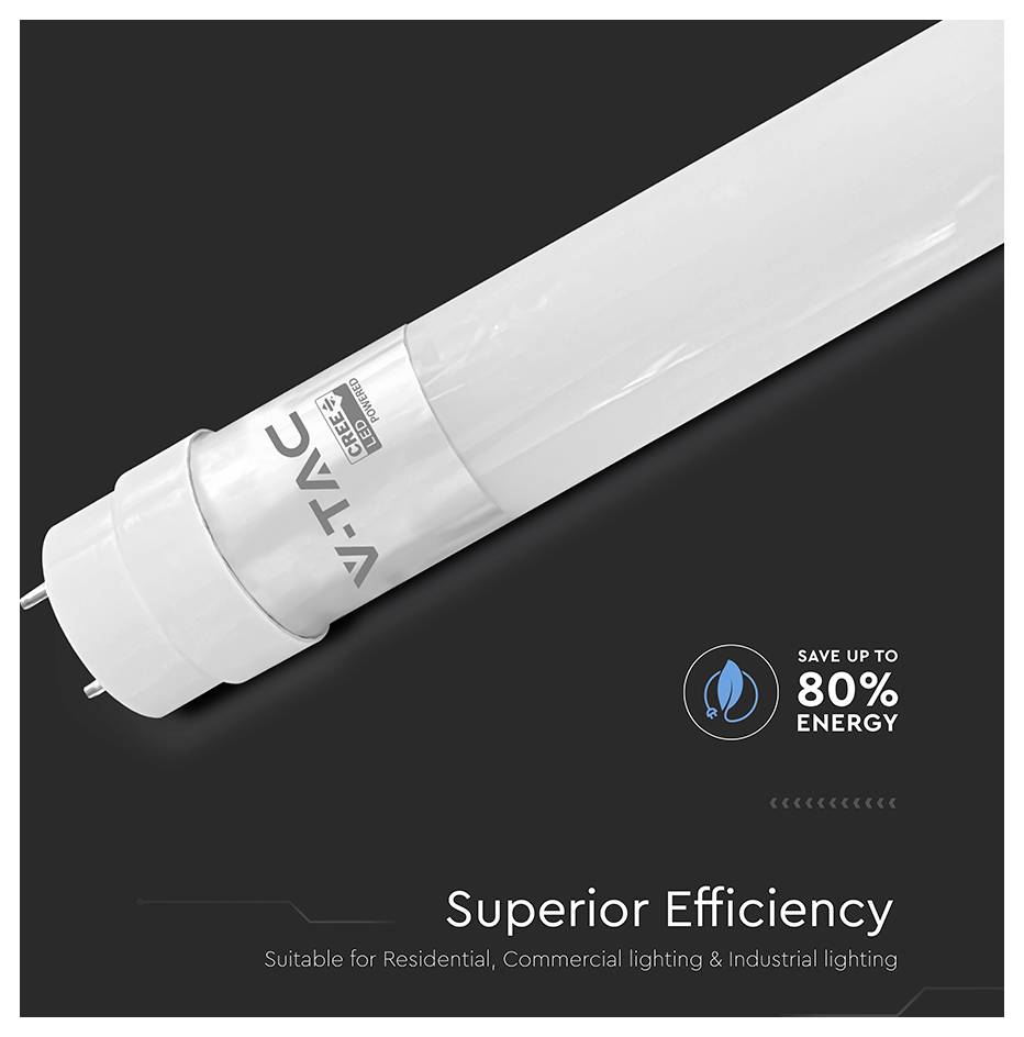 V-TAC LED csöveglamp „Akár 80% energiatakarékosság" és „Superior Hatékonyság" felirattal, mely lakóépületi, kereskedelmi és ipari világítást népszerűsít.