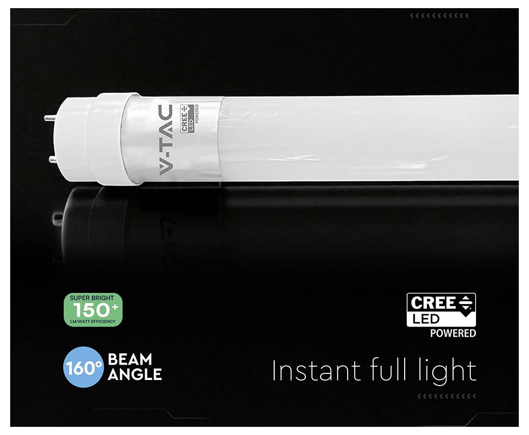 V-TAC CREE LED csőfény hirdetés, fekete háttéren a következőkkel:<br><br>„160° sugárzási szög"<br>„rendkívül fényes 150+"<br>„Azonnali teljes fényerő"