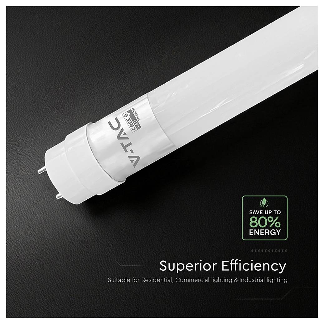 V-TAC LED fénycső promóciós képe sötét háttéren az "Kiváló hatékonyság" és "Takarítson meg akár 80% energiát" szöveggel.