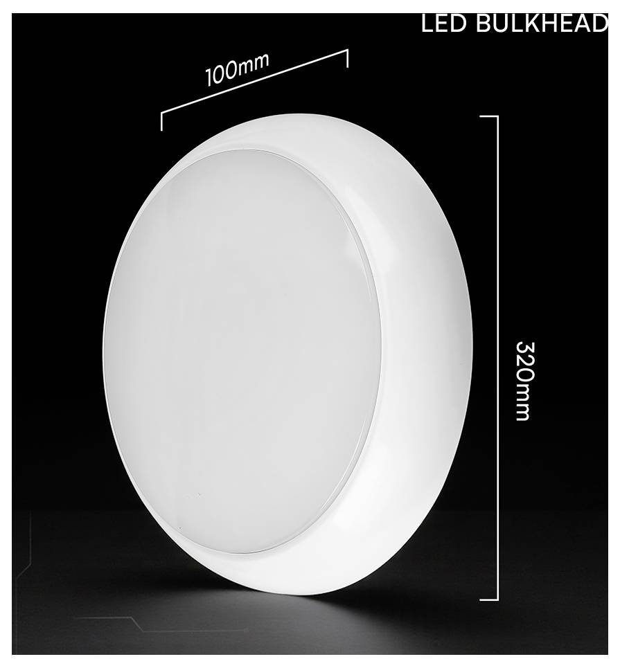 Fehér kerek LED falilámpa 3D-ben ábrázolva, 100 mm széles és 320 mm magas felirattal.