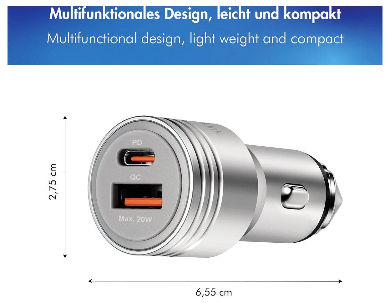 Kompakt kettős USB autótöltő termékkép, címkézve „Multifunkcionális kialakítás, könnyű és kompakt" felirattal, PD és QC portokkal, méretei 6,55 cm x 2,75 cm.