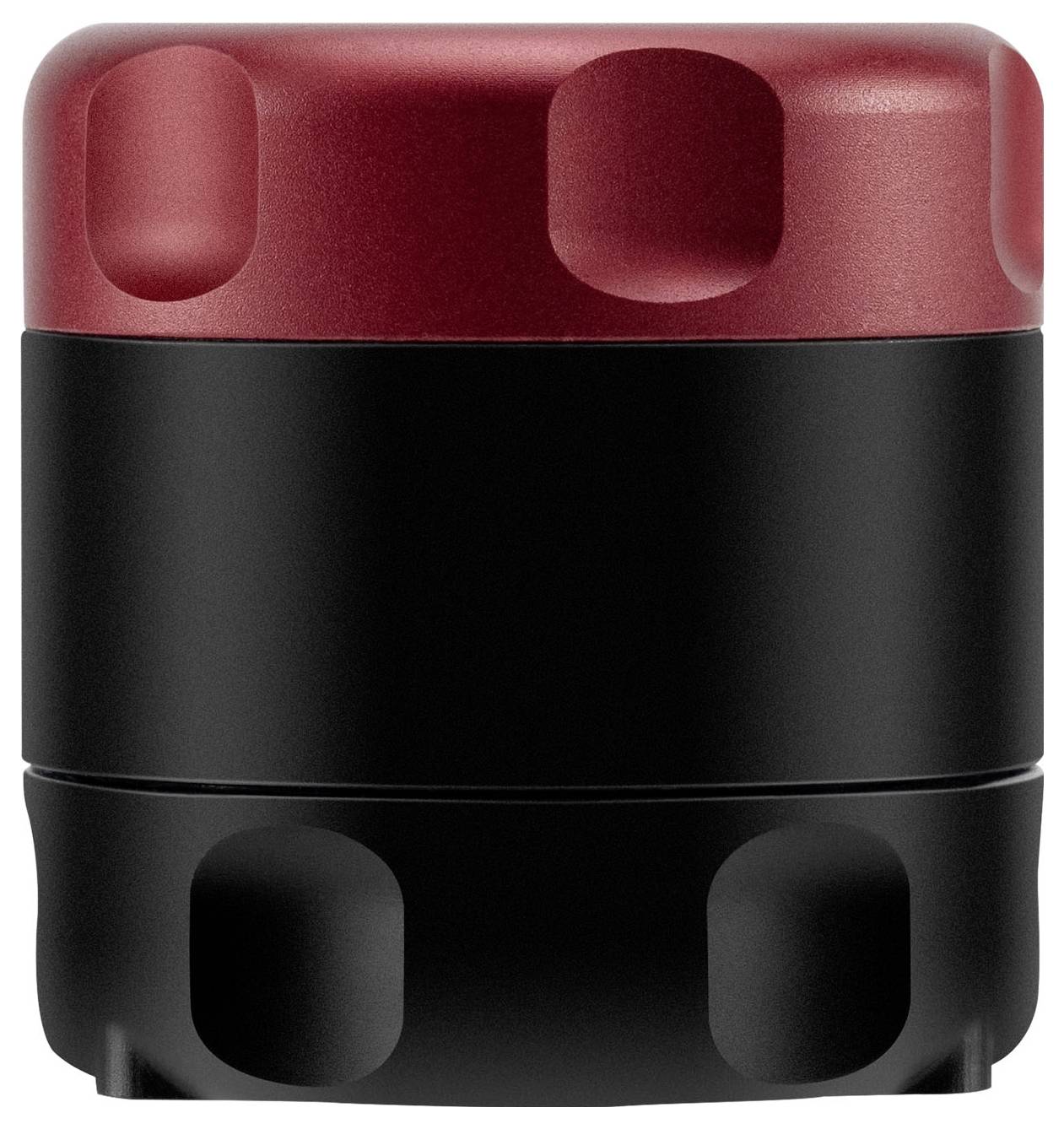 Piros és fekete hengeres fémes alkatrész lekerekített téglalap alakú kivágásokkal, egyszerű fehér háttéren megjelenítve.