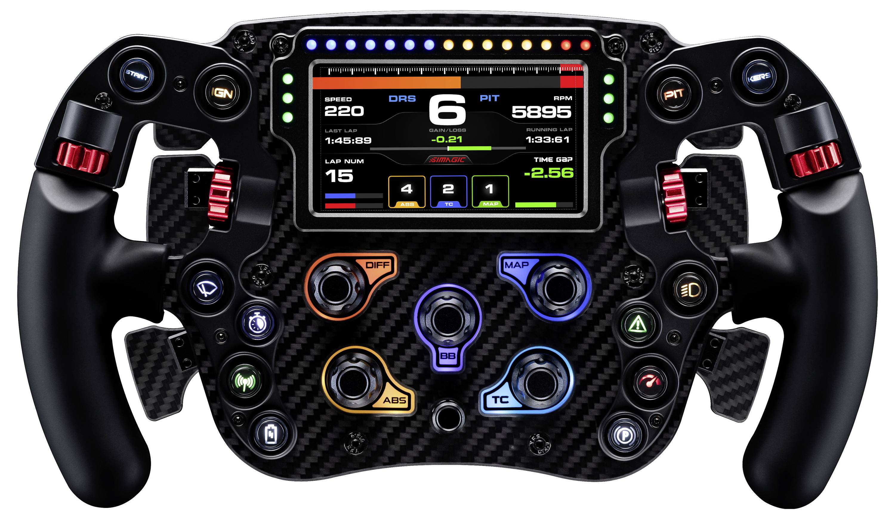Egy Formula 1-es versenyző kormány több vezérlőgombbal, forgókapcsolókkal és egy digitális kijelzővel, amely a sebességet, a fokozatot, a pit-stoptot és az alkalmazást ábrázoló adatokat mutat.