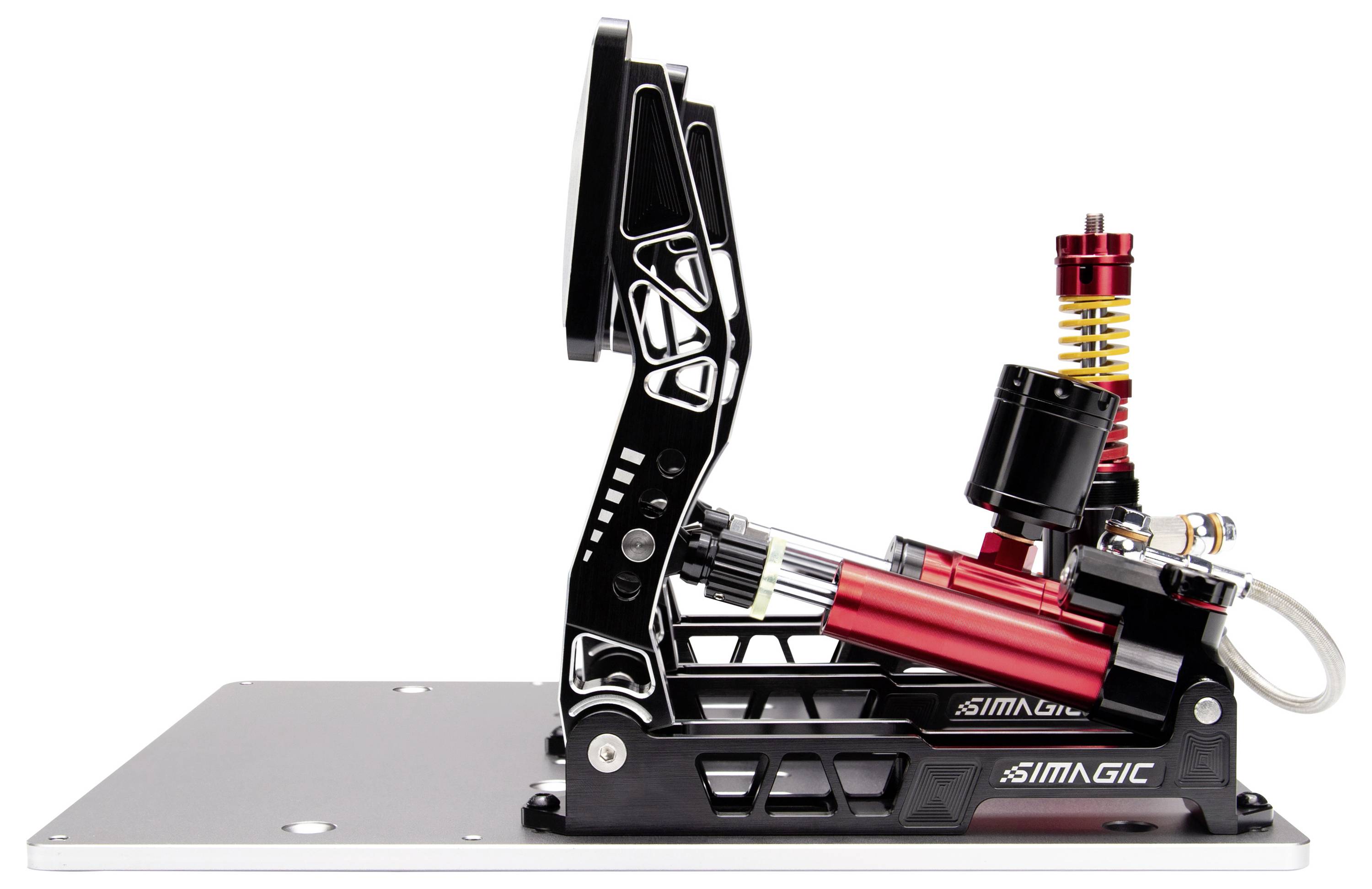Fehér háttér előtt látható kompakt fekete-piros mechanikus eszköz fém alapzaton, csuklós karral, rugóval terhelthető hengerrel és csövezéssel.