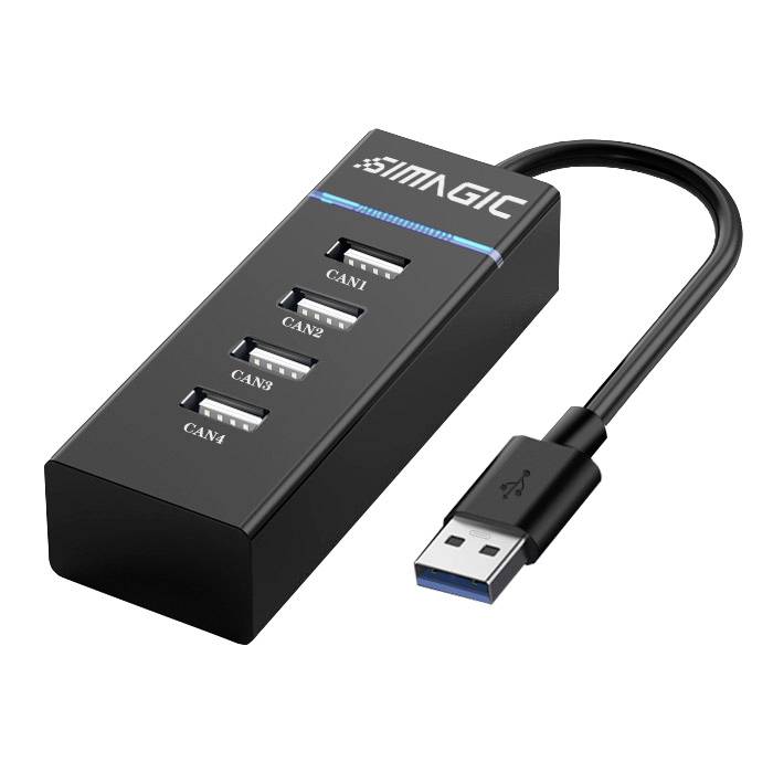 4 portos fekete USB hub „MAGIC" felirattal, kék akcentfénnyel és csatlakoztatott USB-A kábellel.