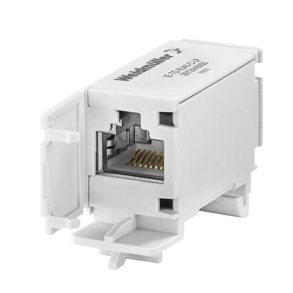 Fehér Weidmuller Ethernet RJ45 csatlakozó modul kitett aranyozott tüskékkel, egyszerű fehér háttéren megjelenítve.