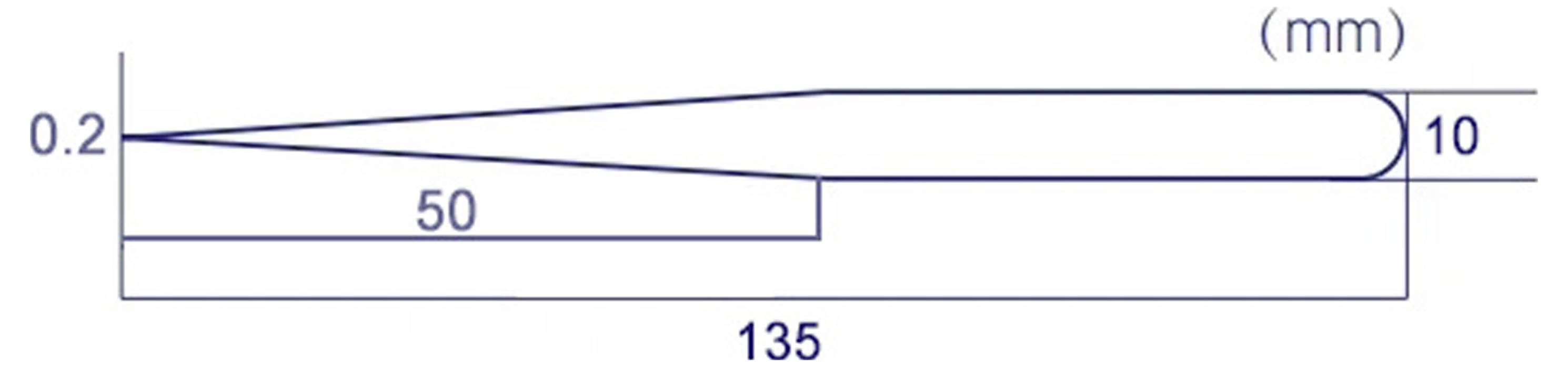 Vonaldiagram, amely egy 0,2 mm-ről 10 mm-re történő kúposítást mutat 135 mm-en keresztül, az alsó él mentén 50 mm-es szegmenssel jelölve.