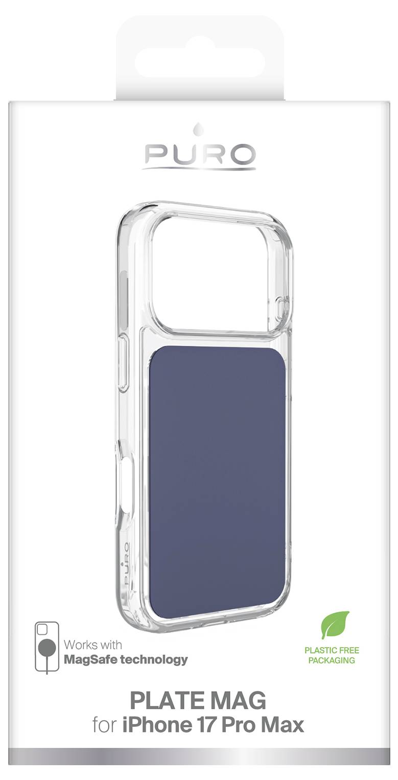Clear Puro "PLATE MAG" MagSafe-kompatibilis telefontok iPhone 17 Pro Max-hoz, átlátszó kivitelben kék hátlapi betéttel; a csomagolás megjegyzi a műanyagmentes csomagolást és a MagSafe technológiával való kompatibilitást.
