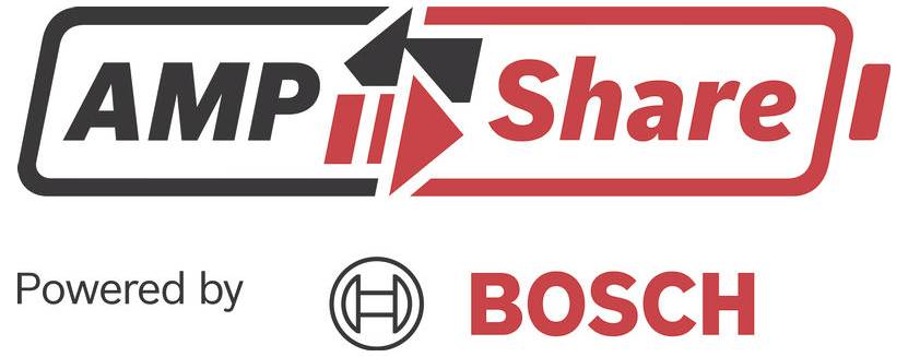 AMP Share logó a "Powered by BOSCH" márkajelzéssel és a Bosch emblémával fehér háttéren.