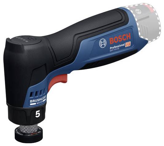 Bosch Professional akkumulátoros derékszögű fúrógép, kék és fekete, csiszolási vagy polírozási kiegészítővel szerelve.