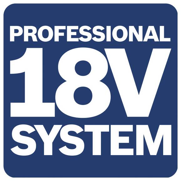 Kék négyzet alakú címke, amely félkövér fehér szövegben "PROFESSIONAL 18V SYSTEM" szöveget tartalmaz.