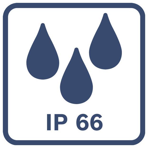 IP66 minősítési szimbólum három vízcseppel egy lekerekített négyzet belsejében, amely pormentességet és erős vízsugarakkal szembeni védelmet jelöl.