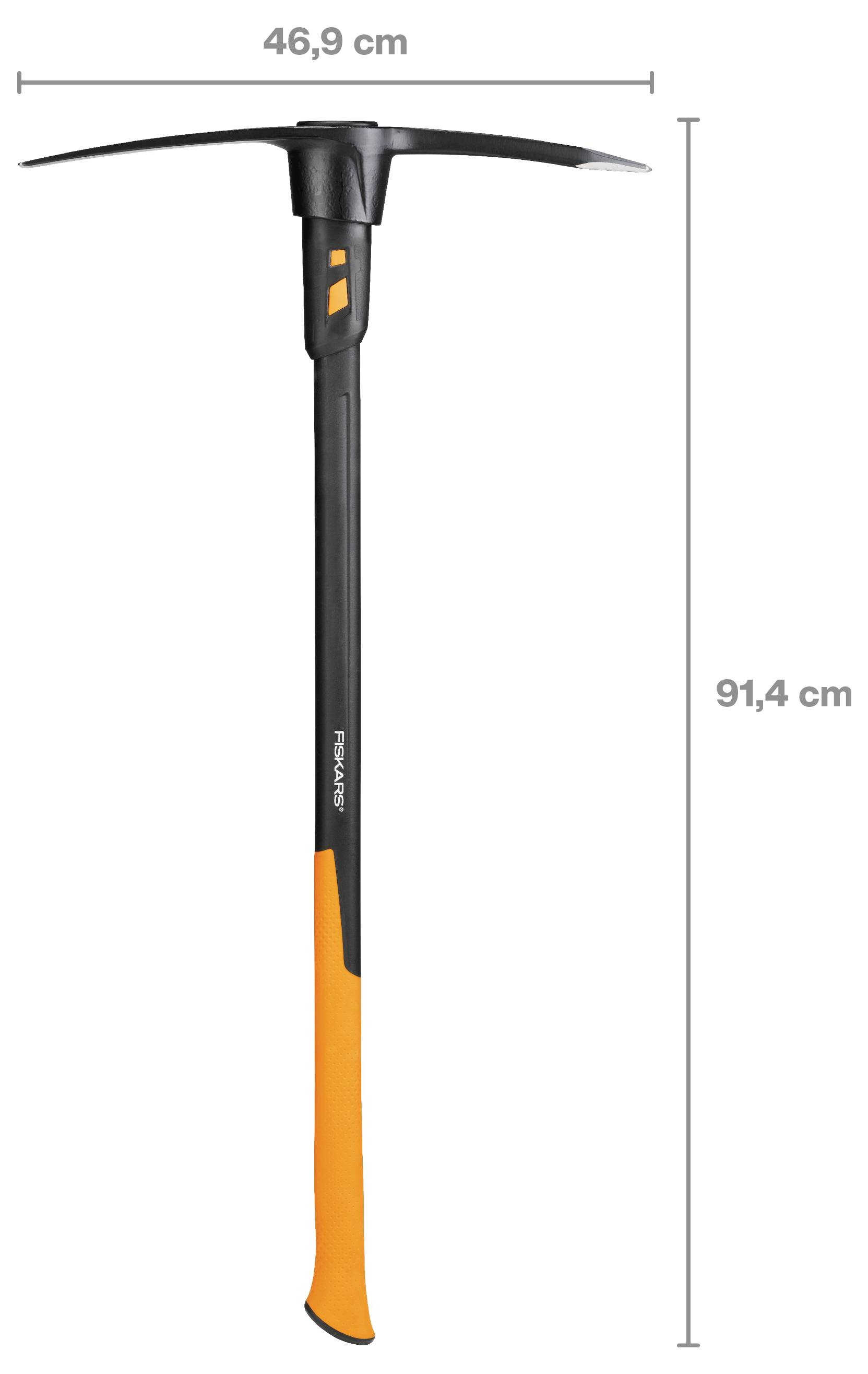 Fekete-narancs színű jégcsákány vagy mászó csákány képe, melyen az alábbi méretek vannak feltüntetve: 46,9 cm széles és 91,4 cm magas.