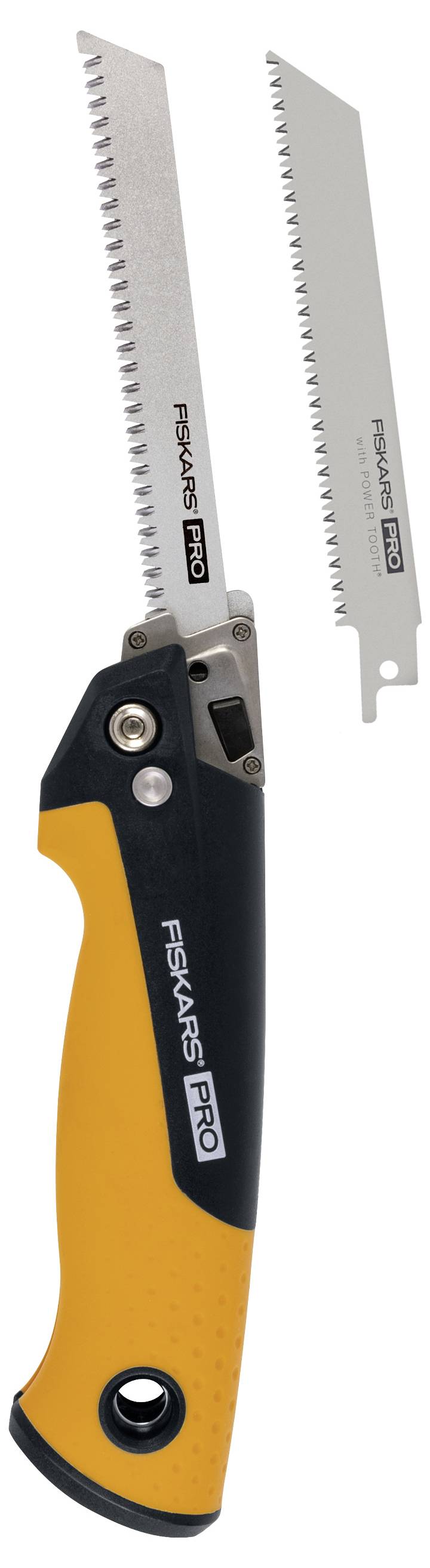 Összecsukható Fiskars Pro összecsukható metszőfűrész narancssárga-fekete fogantyúval és mellette nyitott fogazott penge látható