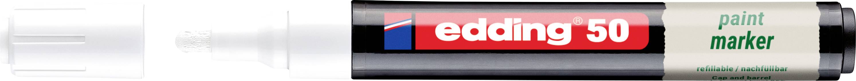 Edding 50 festékmarker, fekete-piros toll, fehér sapkával és zöld címkével.