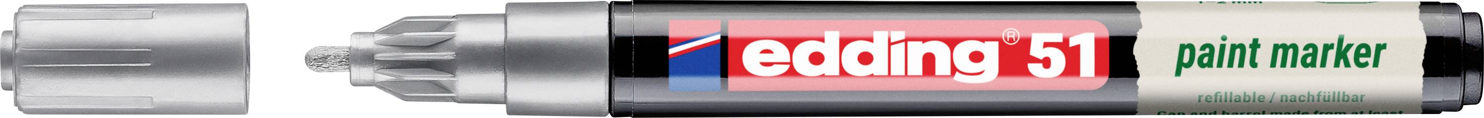 Silver Edding 51 festékmarker vízszintesen elhelyezve, piros-fehér "edding 51" címkével és zöld "paint marker" szöveggel a hordón.