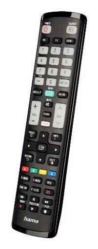 Fekete Hama TV távirányító erő-, szám-, hangerő-, csatorna- és navigációs gombokkal.