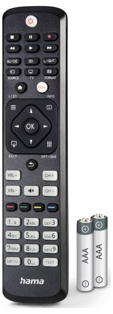 Fekete Hama TV távirányító navigációs panellel, lejátszásvezérlő gombokkal, hangerő- és csatornagombokkal, numerikus billentyűzettel, és két db AAA elemmel melette látható.