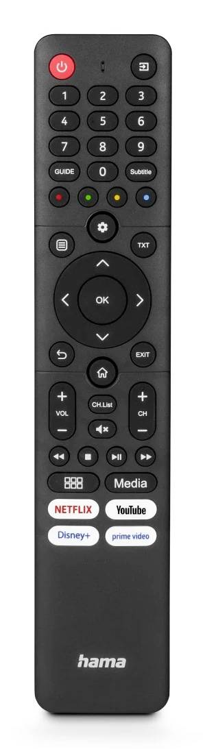 Fekete Hama TV távirányító számpad, navigációs pad, hangerő és csatorna gombokkal, valamint dedikált Netflix, YouTube, Disney+ és Prime Video gombokkal.