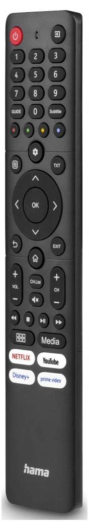 Black Hama TV távirányító számpad, navigációs gyűrű, hangerő- és csatornagombok, valamint Netflix, YouTube és Prime Video streaming parancsgombok.