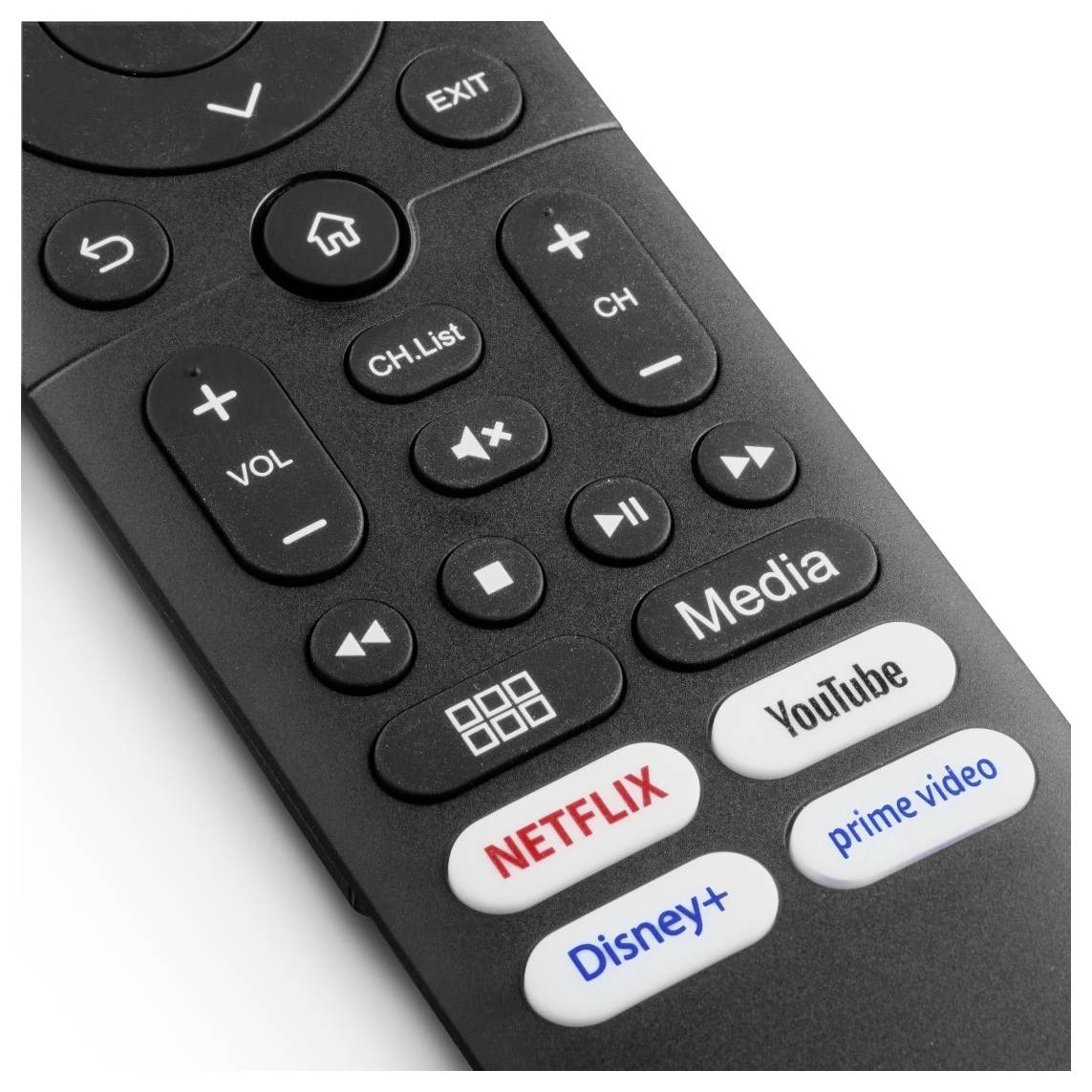 A TV távirányítónak a közelről felvett képe, ahol a streaming szolgáltatások gombjai vannak jelölve: 'Netflix', 'YouTube', 'prime video' és 'Disney+'.